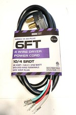 6ft 4 Wire Dryer Power Cord NEMA 14-30 Plug 30 amp 125V 3750 Watts 10/4 SRDT