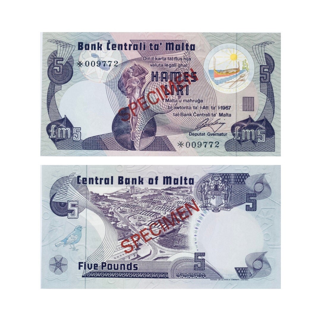 1979 MALTA 5 OLD MALTESE LIRA (POUNDS) SPECIMEN NOTE