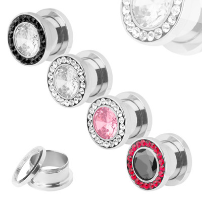 Flesh Tunnel Ohr Schraub Plug Piercing Edelstahl Silber Multi Zirkonia Kristall
