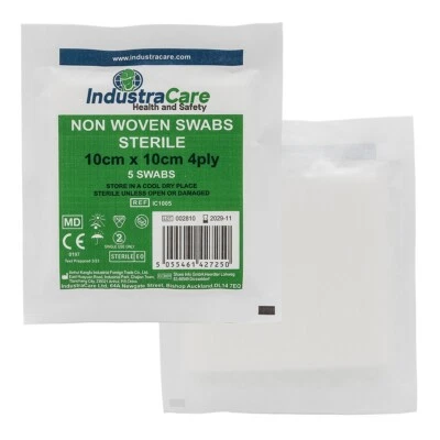 IndustraCare Premium Non-Woven 10cm x 10cm STERILE First Aid Medical Gauze Swabs