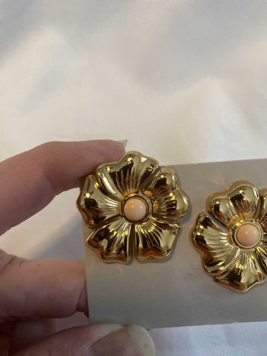 Boucles D'oreilles AVON Vintage 1987 - Fleurs Polies Ton Or, Tiges Acier Chirurgical