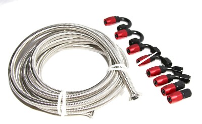 8PCS AN4 BLACK/RED Swivel Fitting Adapters+12FT AN4 SS Braided Line COMBO