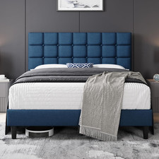 Upholstered Bed Frame, Modern Queen Bed Platform with Square Stitched&Button Tuf