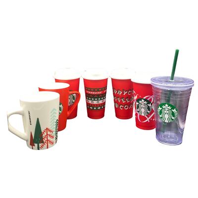 Lot 7 Starbucks Holiday Mug Tumbler Reusable Cup Christmas Cold Hot Straw  Clear | eBay