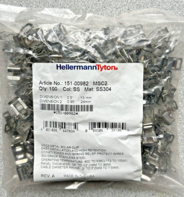 New Sealed Bag of 100 Hellermann Tyton MSC2 304 Stainless Solar Clips 151-00982