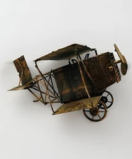 Vintage Tin Airplane Music Box Wind Up Propeller Bi Plane Metal Patina Working