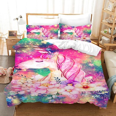 3D Cute Unicorn Floral Kids Quilt Cover Set Bedding Sets Pillowcases