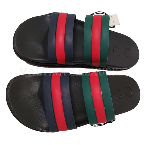 GUCCI SHOES MEN SIGNATURE WEB STRIPES DOUBLE STRAP RUBBER SANDALS sz 9 / 9.5 - Picture 5 of 20
