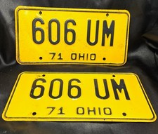 1971 Ohio License Plates # 606 UM Matching Set of 2  PRESSED METAL State of Ohio