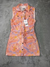 ZARA Mini Abito Denim Collo con Revero, Senza Maniche, Tasche Cintura Tg Media