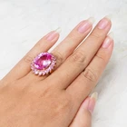 Barbie Pink Tourmaline Oval 23.55Ct 925 Sterling Silver 24K Gold Rings Size 6.5