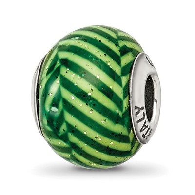 Sterling Silver Reflections Italian Green Stripes w/Glitter Glass Bead Pendant