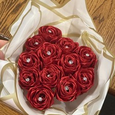 Satin Red Artificial Rose Bundle with Rhinestone Gems and Ribbon Wrap