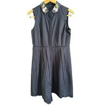 ELIE TAHARI Samiyah Floral Embellished Collar Navy Pleated Cocktail Dress Size 6
