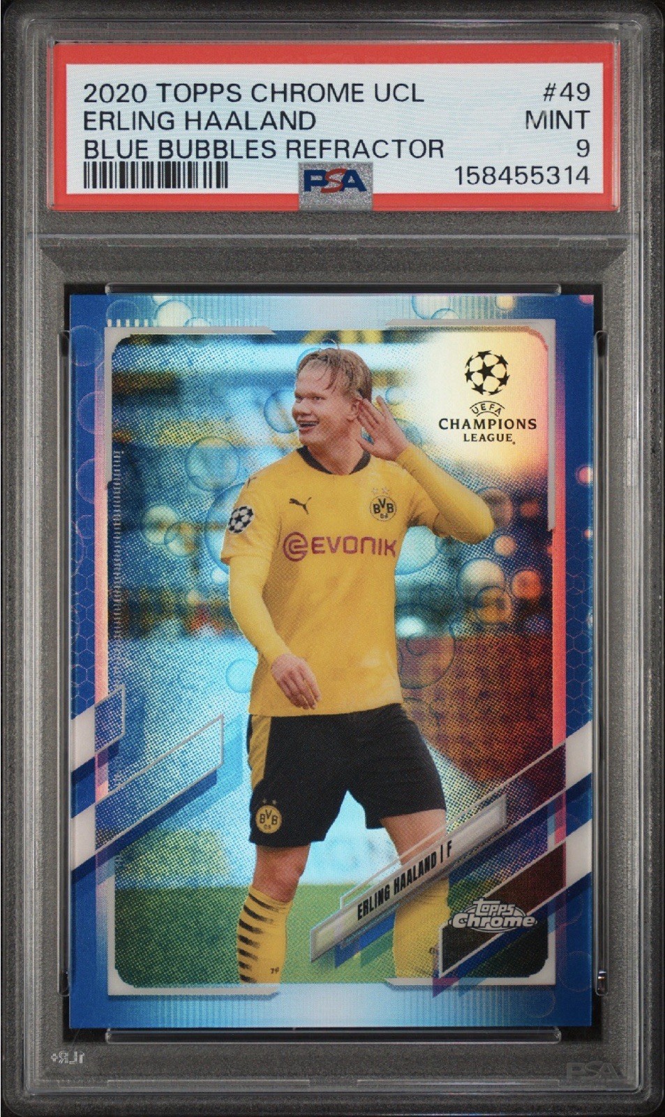 2020 Topps Chrome UCL Erling Haaland Blue Bubbles Refractor #49 PSA 9