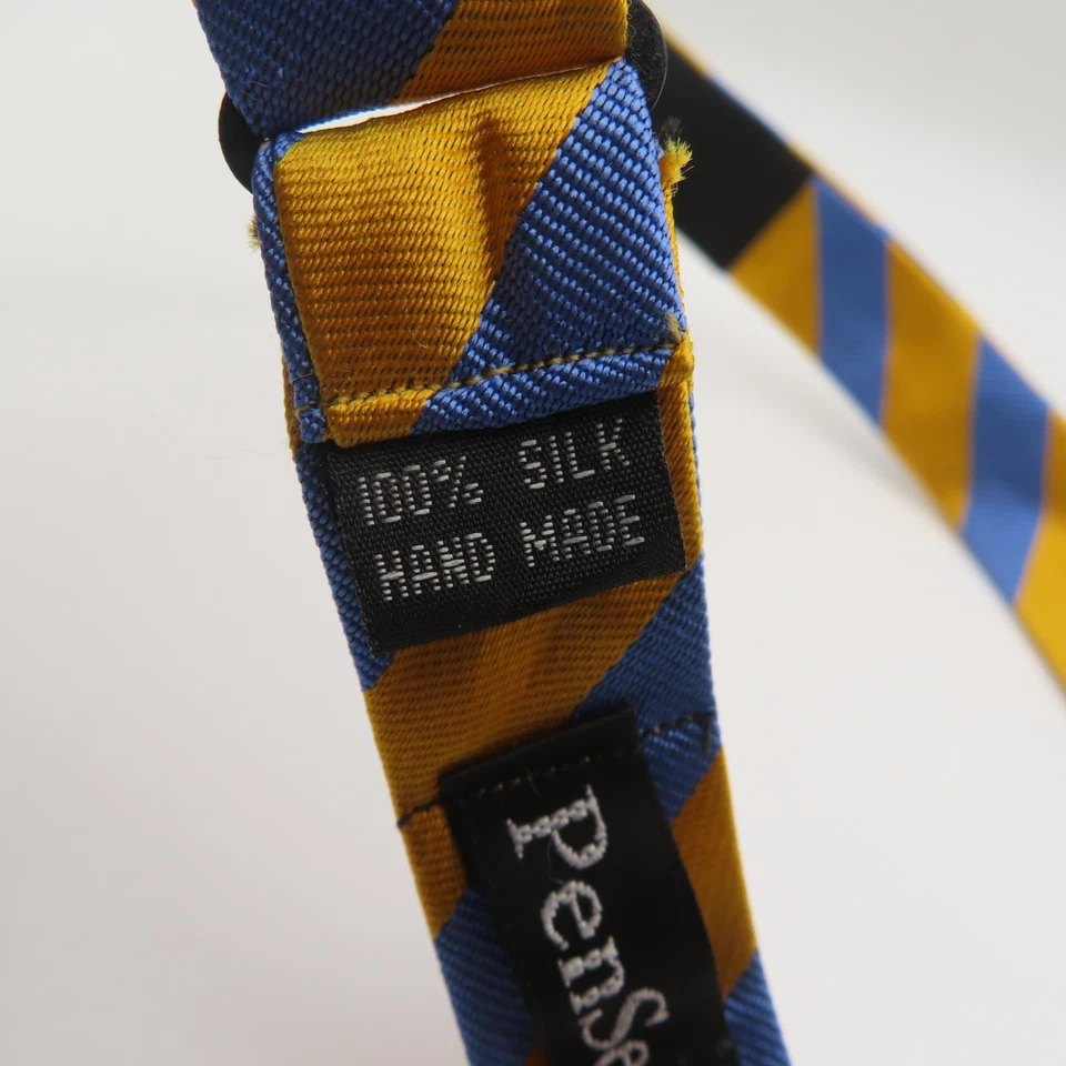 Pajarita PenSee Azul Amarillo Rayas 2.5" Ancho Auto Corbata Seda Hecha a Mano Foto 4 de 4