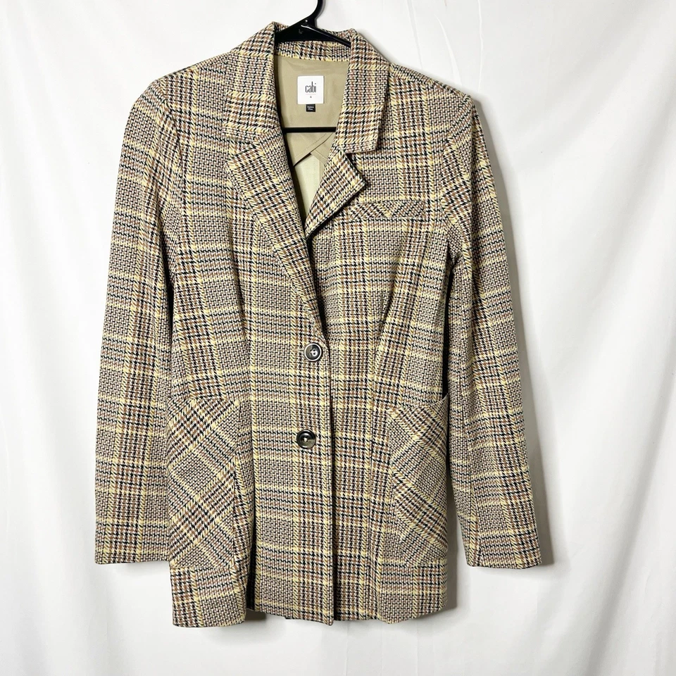 Blazer Cabi Pastime Beige Marrón Forrado a Cuadros Elástico #3548 Mujer Talla 4 Foto 3 de 4