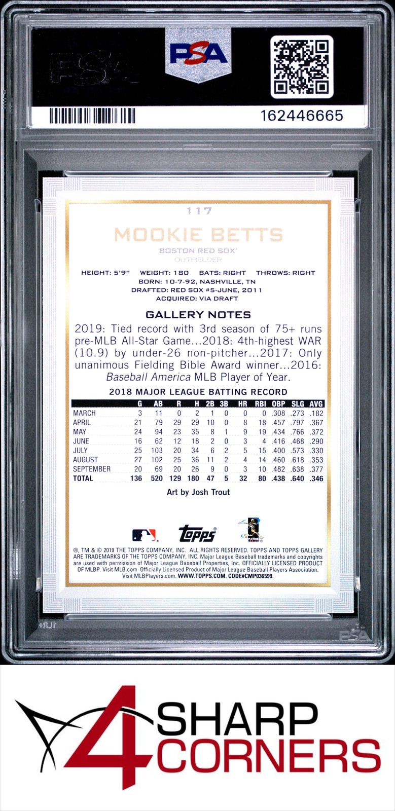 2019 TOPPS GALLERY #117 MOOKIE BETTS RED SOX PSA 10 view 2