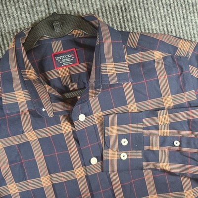 UNTUCKit Paterson Mens M Slim Fit Navy Plaid Shirt Wrinkle Free 100% Cotton
