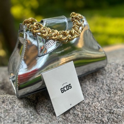GCDS 2-way Metallic Handbag Logo Chain Handle Detachable Strap, Magnetic Flap