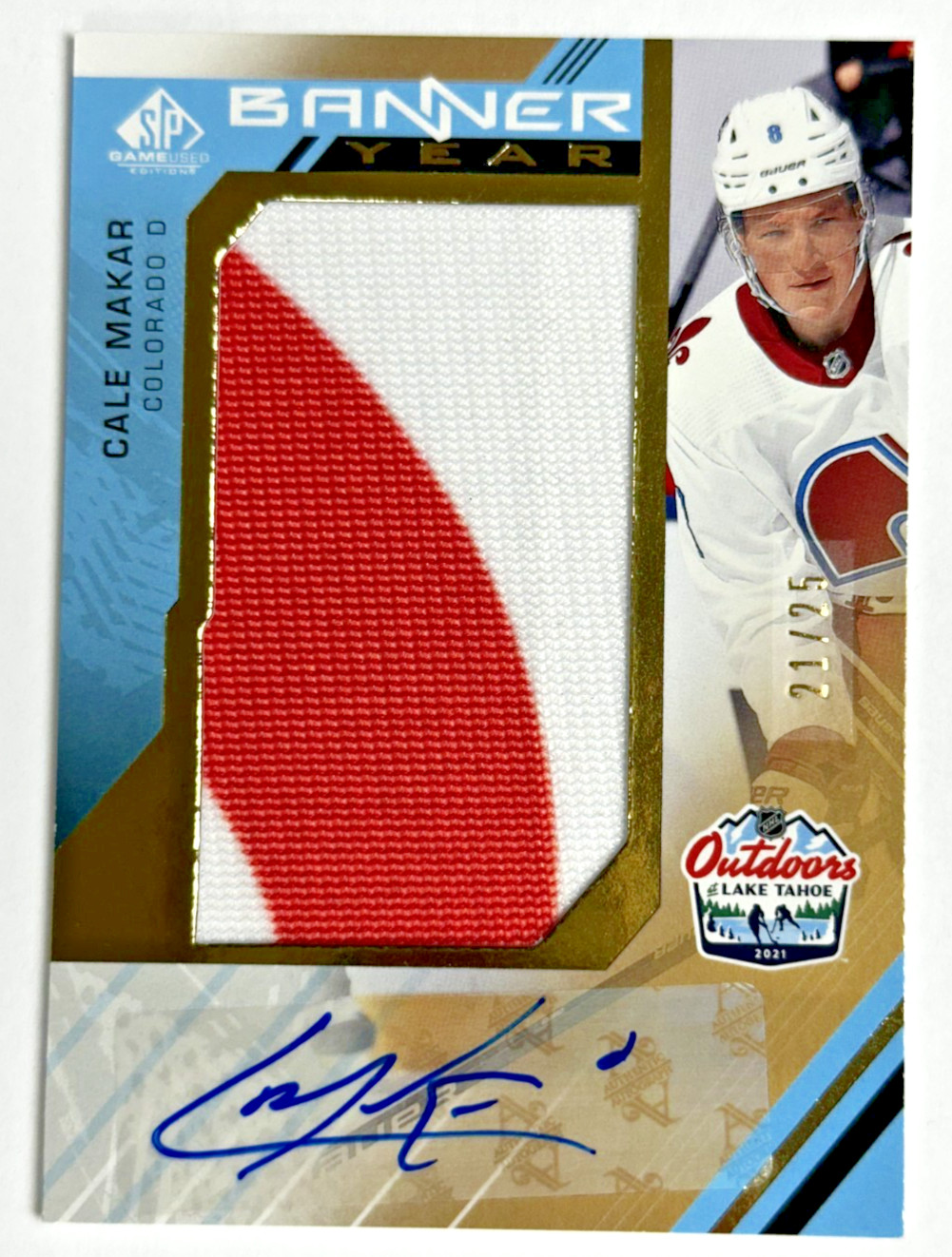 2021 UD Cale Makar SPGU Banner Year Relic Auto Outdoor Games Used Autograph /25
