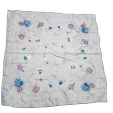 Vintage 50s 60s Floral Scarf Women Blue Purple Silk Blend Hand Rolled Japan