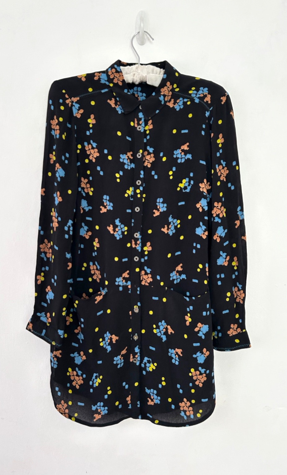 White Stuff Tunic Women's Black Pattern Button Po… - image 1