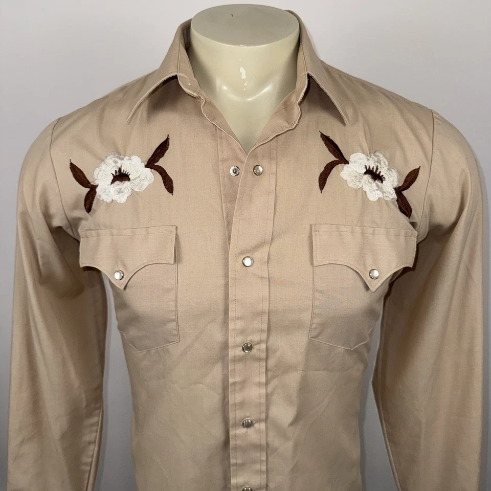 Camisa a Presión Vintage Años 70 Perla Chute #1 Rockabilly Cosida Bordado Yugo Hombres Mediana Foto 2 de 4