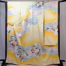 Vintage Japanese Silk Furisode Kimono Yamabuki Yellow Shibori Peony