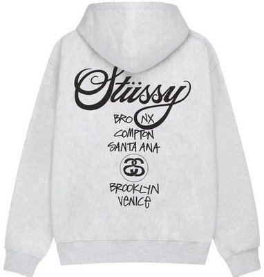Stussy Ash Heather Gray World Tour Hoodie XXL