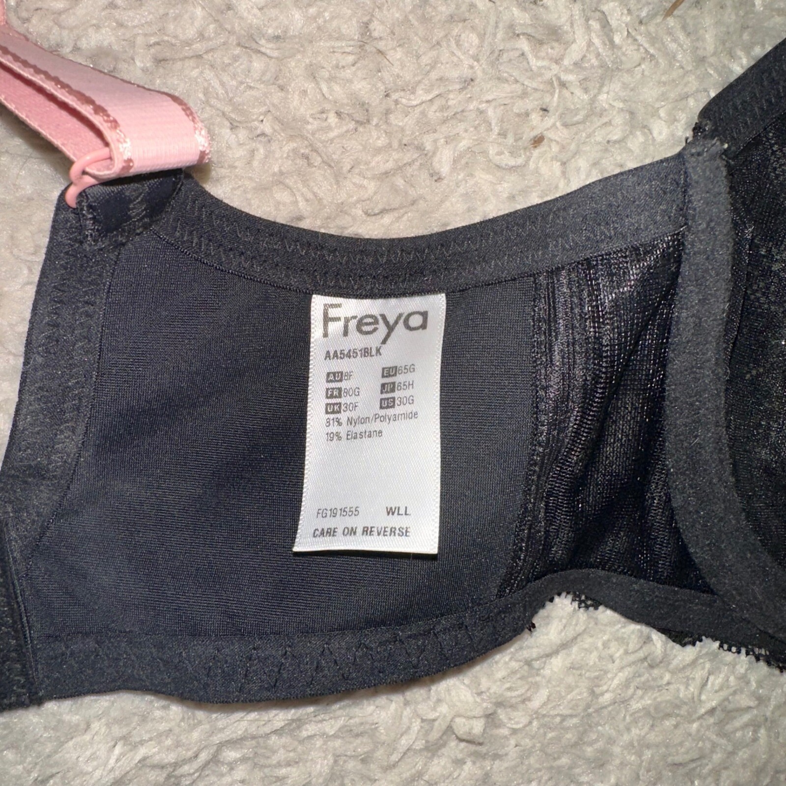 Freya Lace Offbeat Underwire Side Support Bra Black Pink Straps Size US 30G