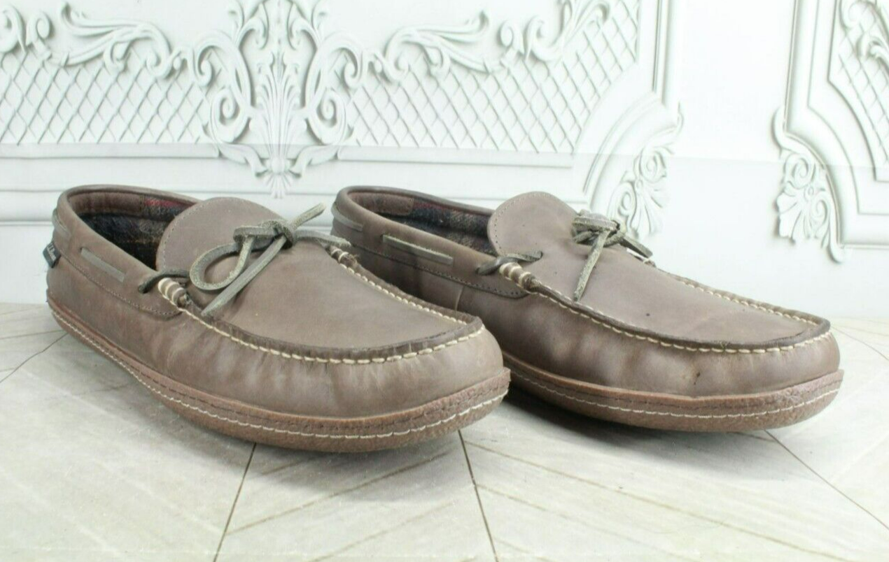 LL Bean Men's Gray Leather Flannel Lined Handsewn Moccasin Slippers