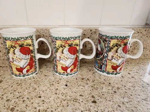 Set of 3 Dunoon Merry Christmas Coffee Mugs Cup Santa Claus Scotland Victorian 