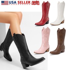 Women Retro Western Boots Square Toe Cowgirl Boots Embroidered Mid Calf Boots