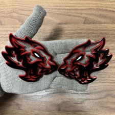 Coyote Wolf  Badges Red Emblem White Eye Premium, 2 Badges, Black Fender Angry