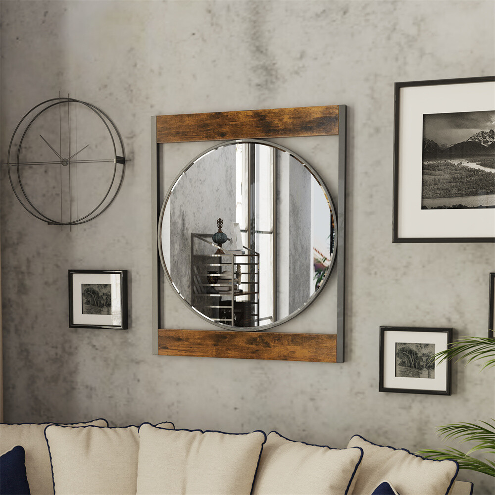 Industrial Hanging Metal Wall Mirror Round Rustic Modern Bathroom