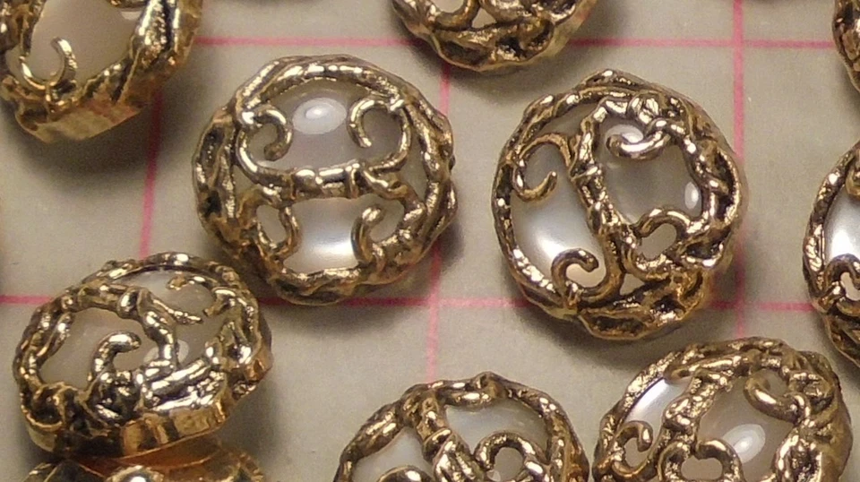 12 Large Vintage Pearlized White Shank Buttons Symetrical Golden Filigree 1" - Image 2 of 4