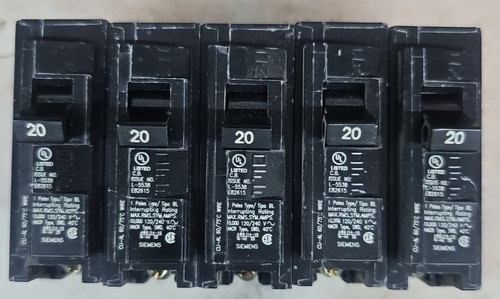 LOT OF 5 B120 SIEMENS BL 1 pole 20 amp 120 volt Bolt On Circuit Breaker BL120 **