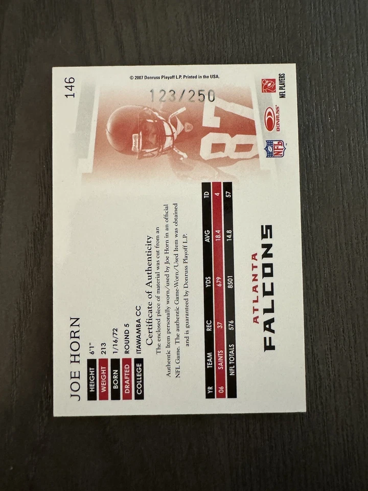 Parche reliquia de camisetas Donruss Threads 2007 #146 tarjeta Joe Horn Atlanta Falcons/250 Foto 2 de 3