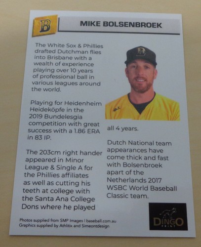 2019/20 Brisbane Bandits (ABL) MIKE BOLSENBROEK - Dutch/Netherlands Baseball - Picture 2 of 2