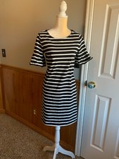 J. Crew S Black White Striped Cotton Bell ruffle Sleeve Dress Small EUC!