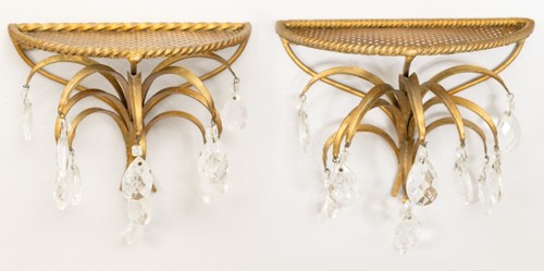 Mid Century Hollywood Regency Italian Gilt Tole & Crystals Wall Brackets Shelves