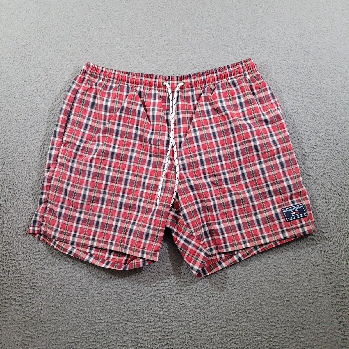 Tommy Hilfiger Swim Trunks Mens Medium Red Plaid Preppy Normcore Swimwear  Bottom