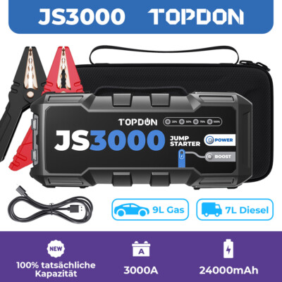 HOT TOPDON JS3000 3000A 24000mAh 12V Autobatterie Booster Jump Starter Powerbank