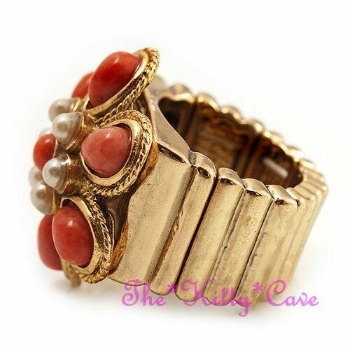 Regency Baroque Vintage Gold & Coral Orange Pearl Flower Statement Cocktail Ring - Picture 9 of 11
