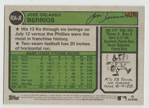 JOSE BERRIOS 2023 Topps Heritage REAL ONE ROJO Autógrafo SP ON CARD AUTOMÁTICO #42/74 - Imagen 2 de 2