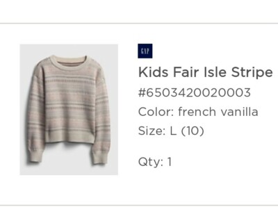 Gap Kids Girls Sweater Size: L (10) Isle Stripe French Vanilla NWT 
