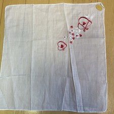 NWT Vintage Handkerchief Delicate Voile w/Red Heart/White Floral Embroidery 12.5