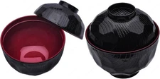 2 Pack Plastic Lacquered Miso Soup Rice Bowl with Lid Made in Japan 1904x2