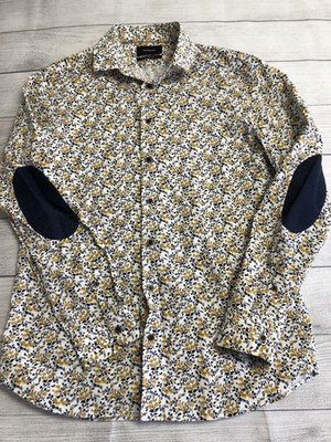 Reserved Shirt Mens Large White Yellow Floral Slim Fit Button Up Elbow Patches